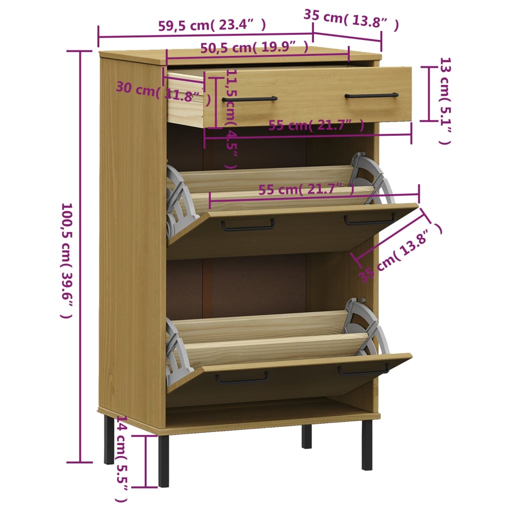 Shoe Rack with Metal Legs Brown Solid Wood Pine OSLO