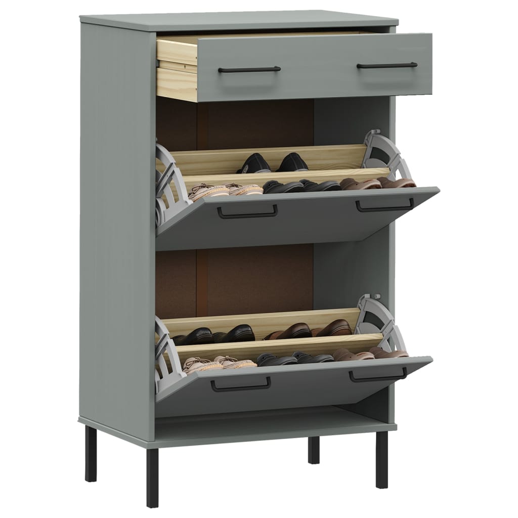 Shoe Rack with Metal Legs Grey Solid Wood Pine OSLO