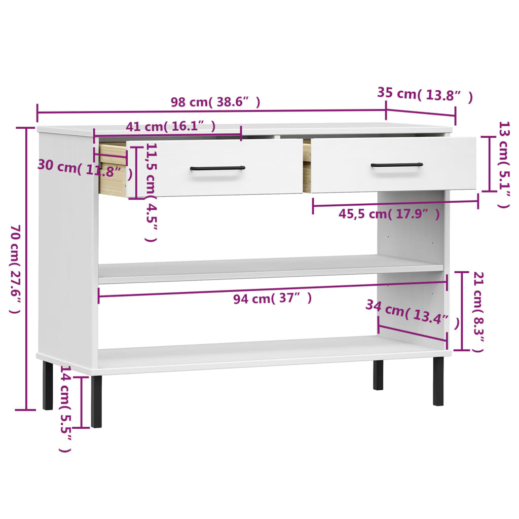 Console Cabinet with Metal Legs White Solid Wood Pine OSLO