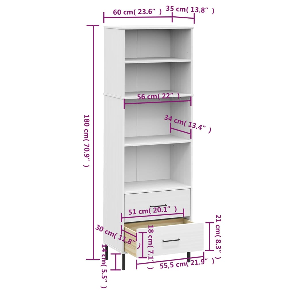 Bookcase with 2 Drawers White 60x35x180 cm Solid Wood OSLO