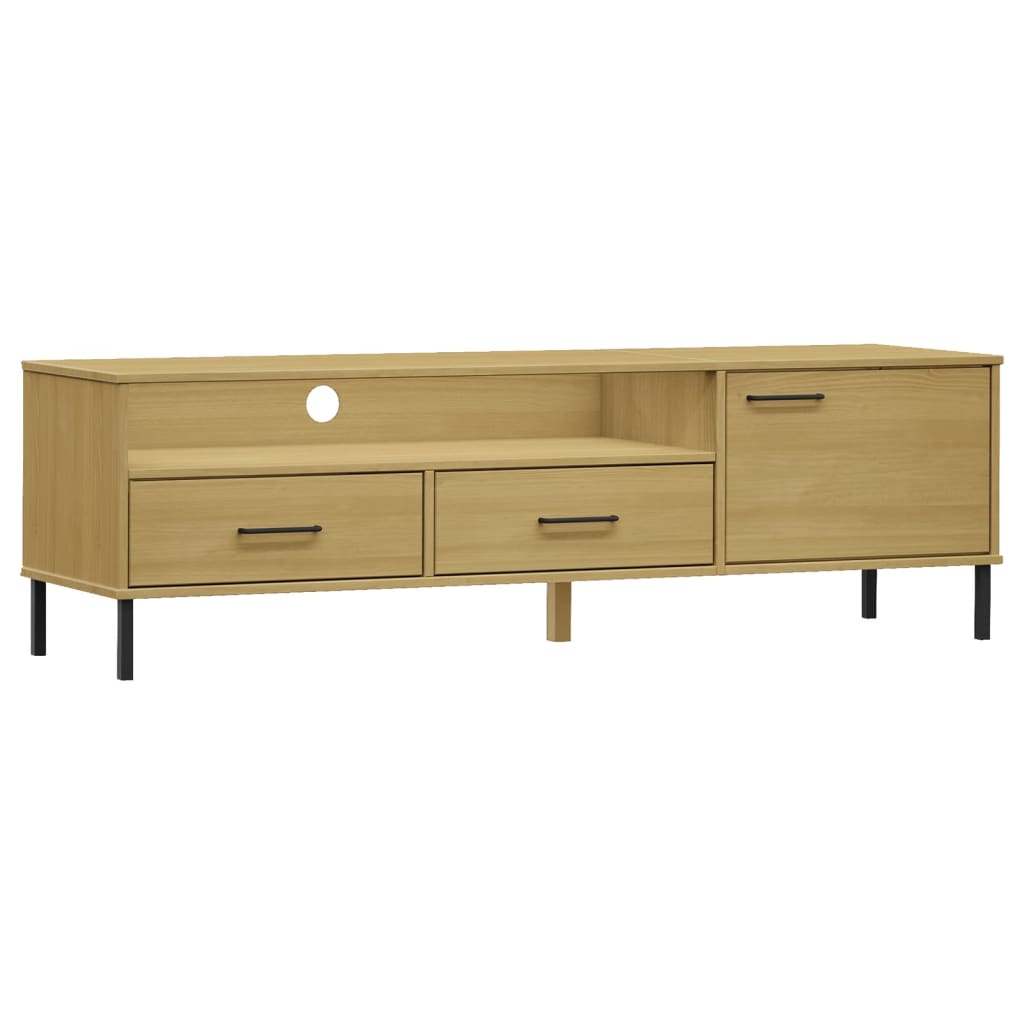TV Cabinet with Metal Legs Brown Solid Wood Pine OSLO