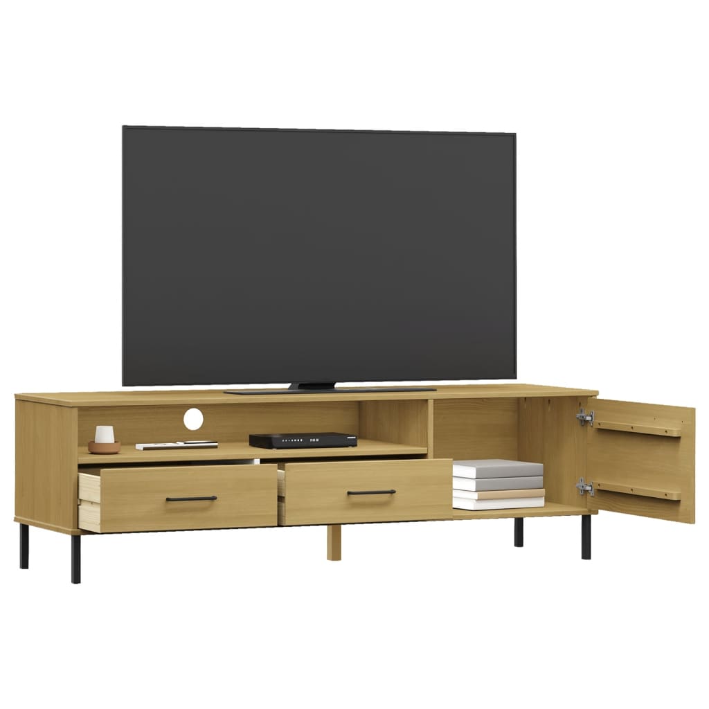 TV Cabinet with Metal Legs Brown Solid Wood Pine OSLO