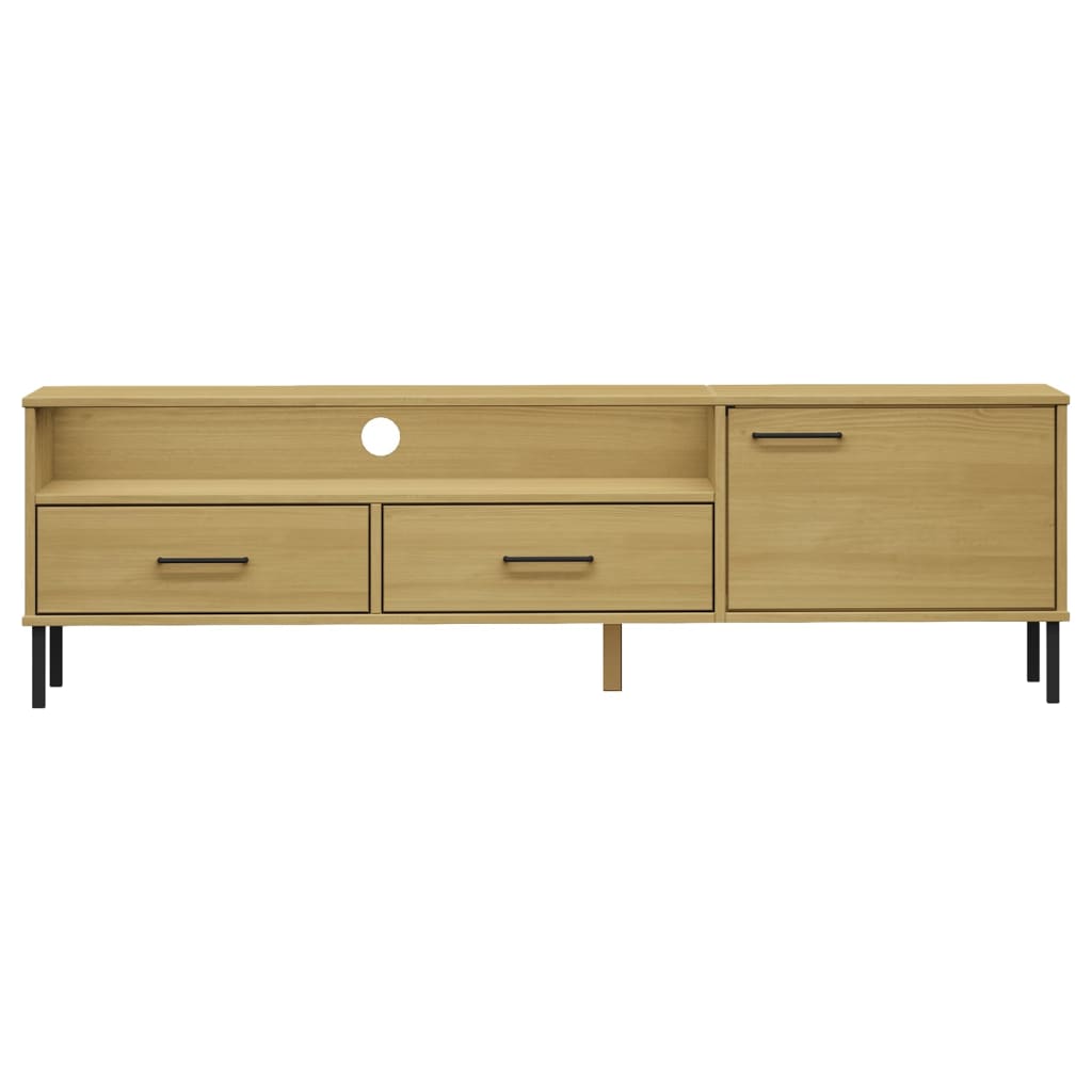 TV Cabinet with Metal Legs Brown Solid Wood Pine OSLO