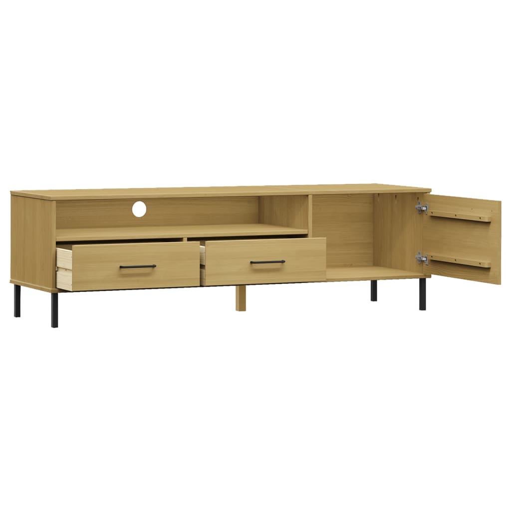TV Cabinet with Metal Legs Brown Solid Wood Pine OSLO