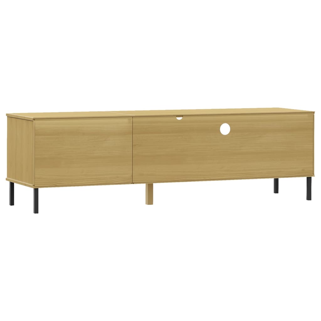 TV Cabinet with Metal Legs Brown Solid Wood Pine OSLO