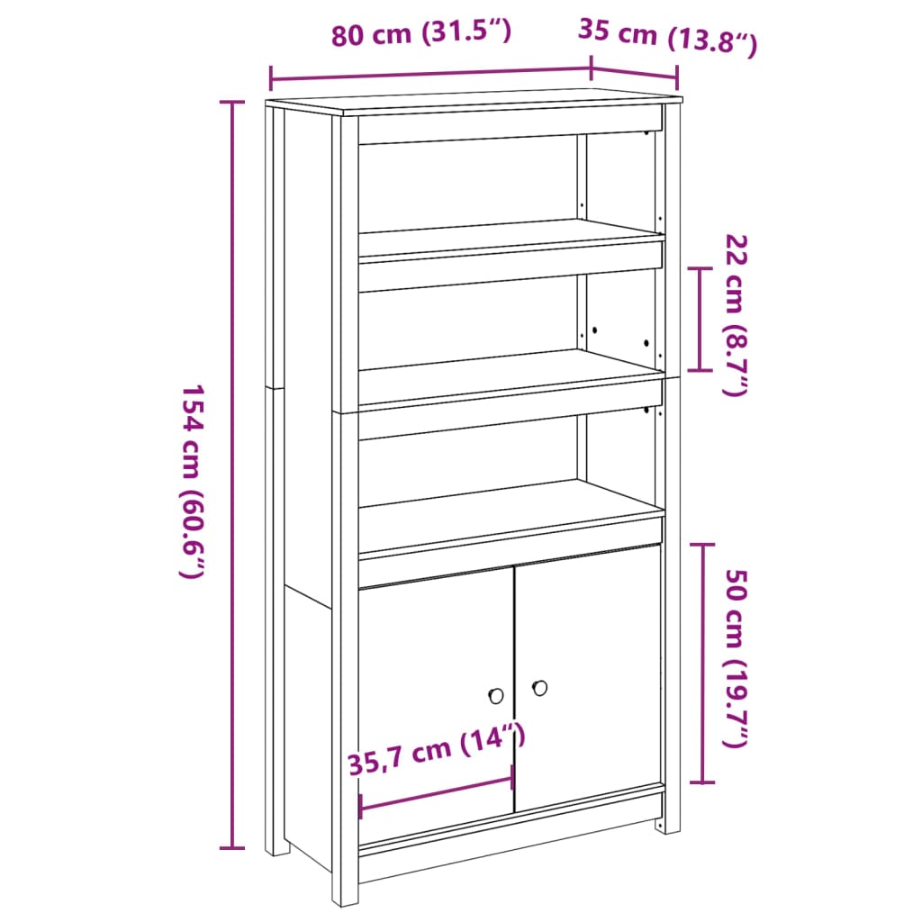 Highboard Black 80x35x154 cm Solid Wood Pine