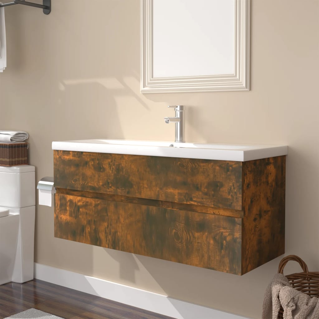 Sink Cabinet with Built-in Basin Smoked Oak Engineered Wood