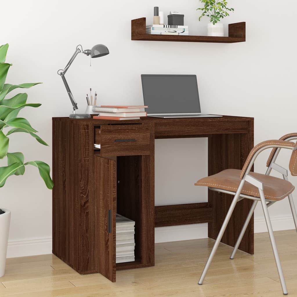 Modern Wooden Home Office Computer Desk Table With Storage Compartment & Drawer