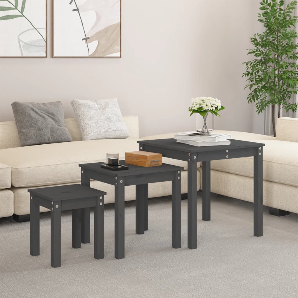 Nesting Tables 3 pcs Grey Solid Wood Pine