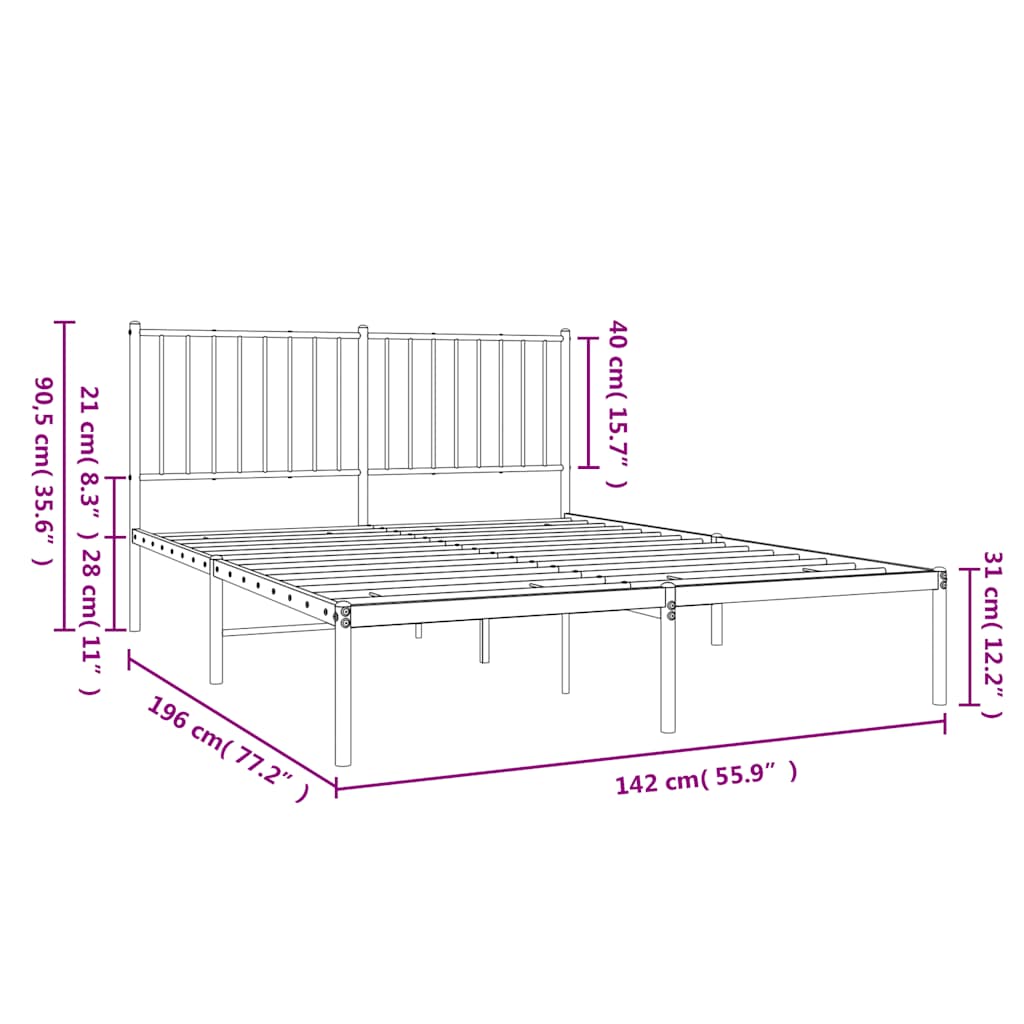 Metal Bed Frame without Mattress with Headboard White 135x190cm