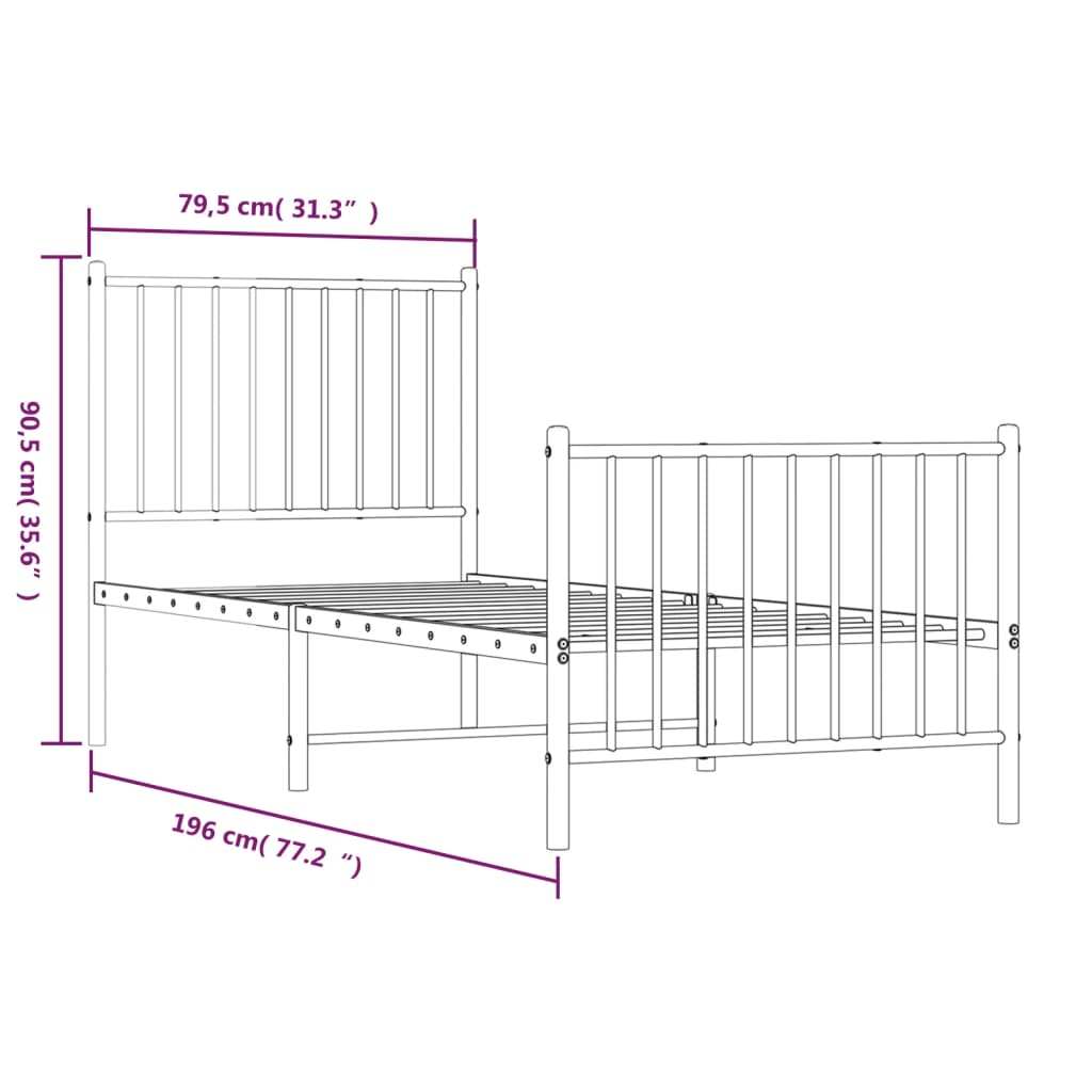 Metal Bed Frame without Mattress with Footboard White 75x190cm