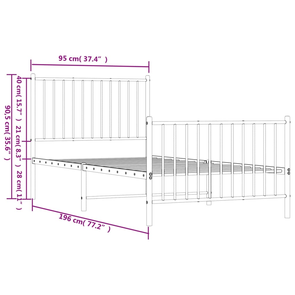 Metal Bed Frame without Mattress with Footboard White 90x190cm