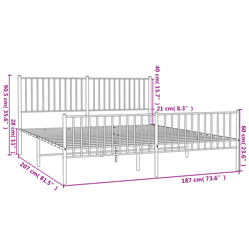 Metal Bed Frame without Mattress with Footboard White 180x200cm