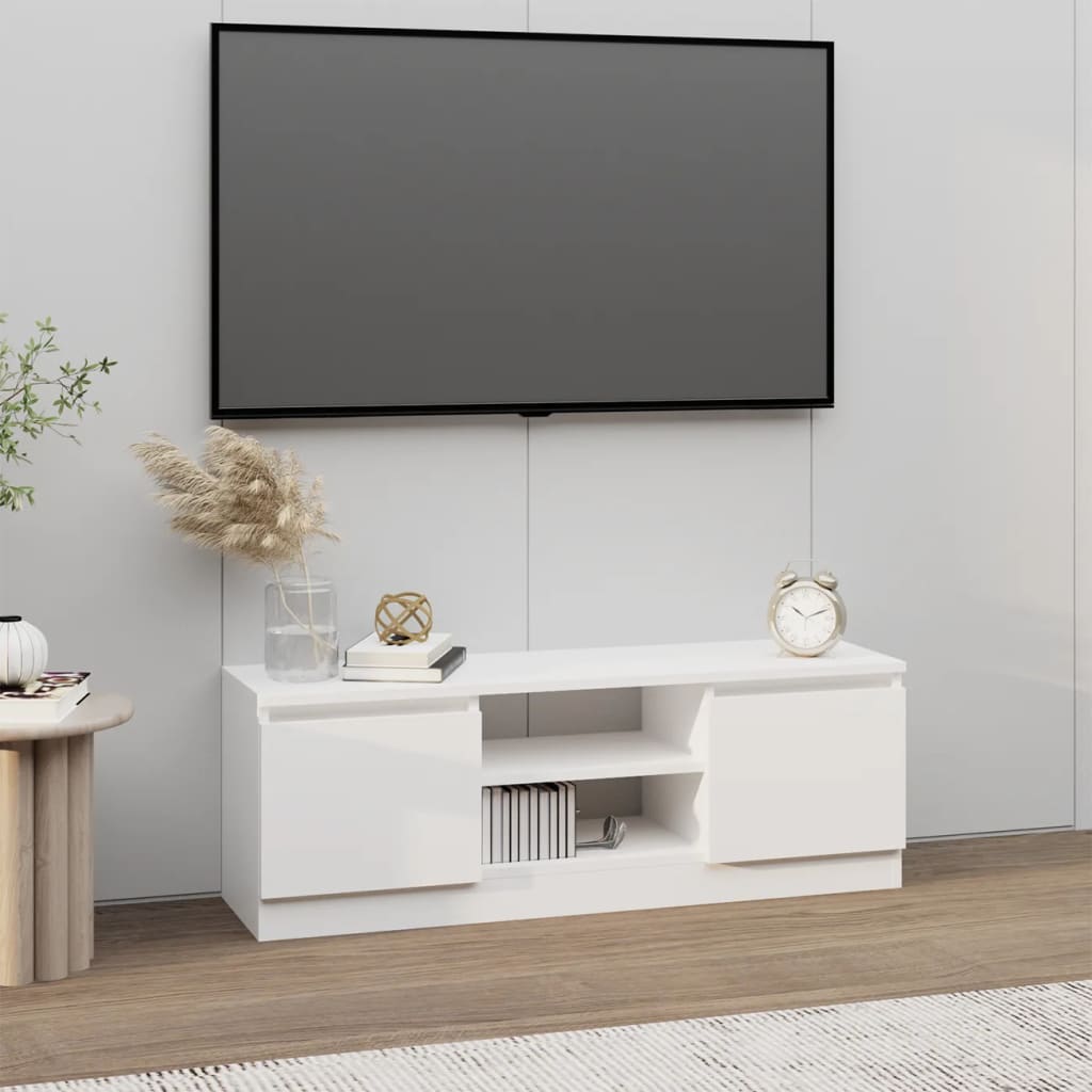 Modern Wooden TV Tele Media Stand Unit Cabinet With 2 Doors & Storage Shelf