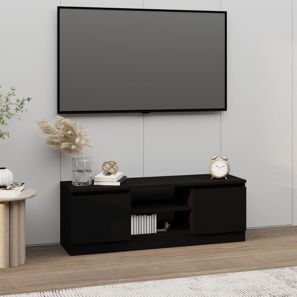 Modern Wooden TV Tele Media Stand Unit Cabinet With 2 Doors & Storage Shelf