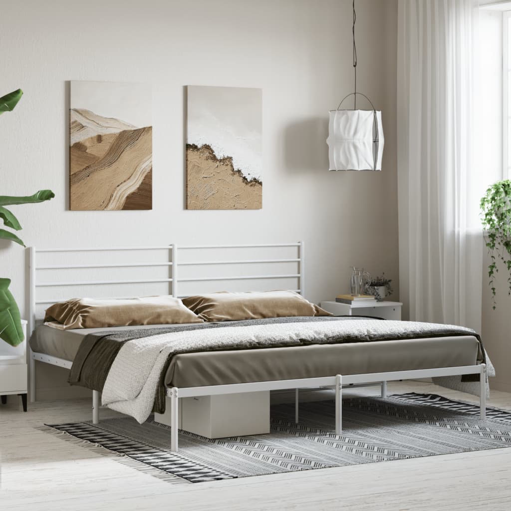 Metal Bed Frame without Mattress with Headboard White 193x203cm