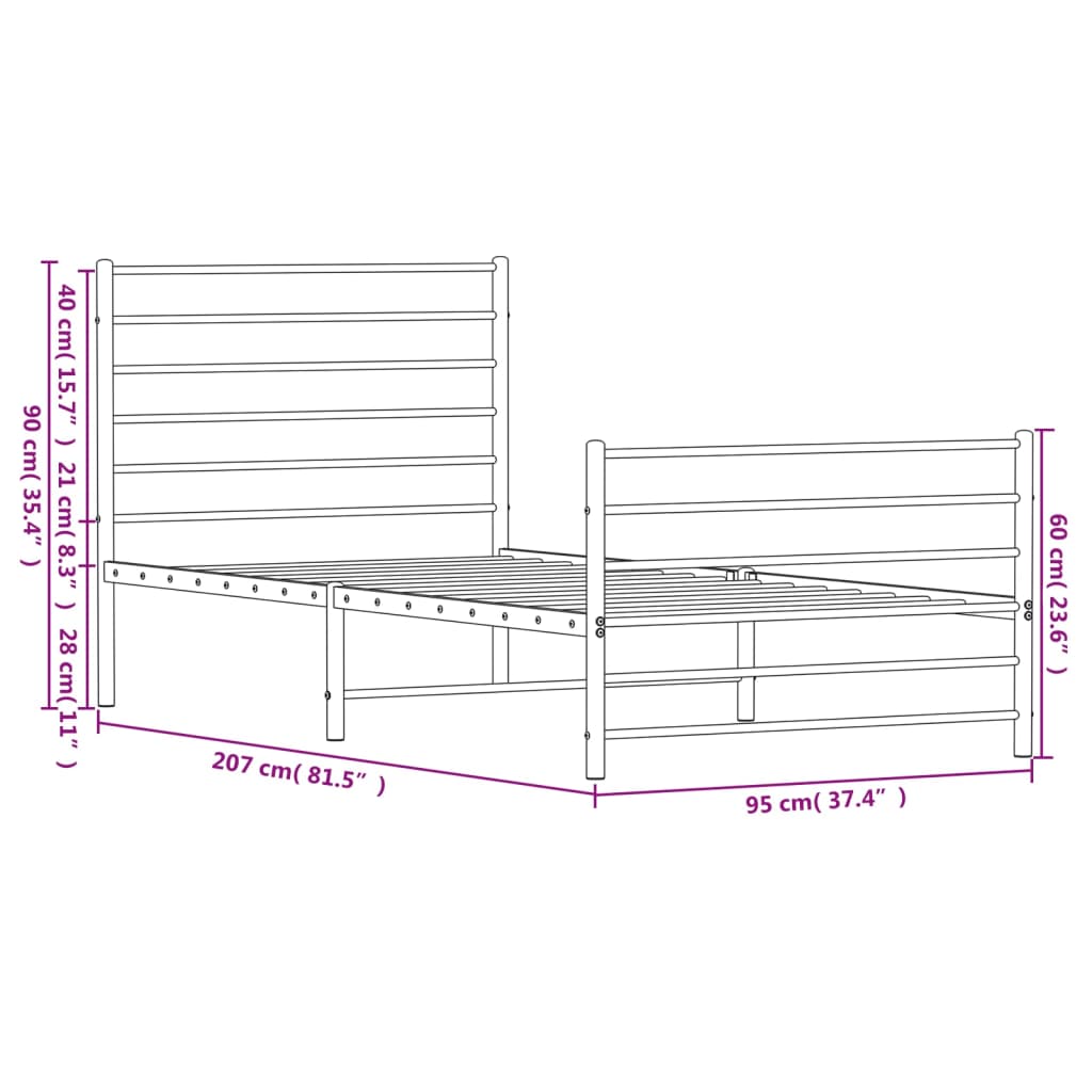 Metal Bed Frame without Mattress with Footboard White 90x200cm