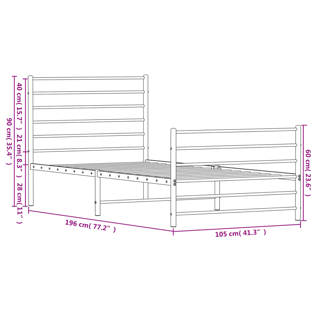 Metal Bed Frame without Mattress with Footboard White 100x190cm