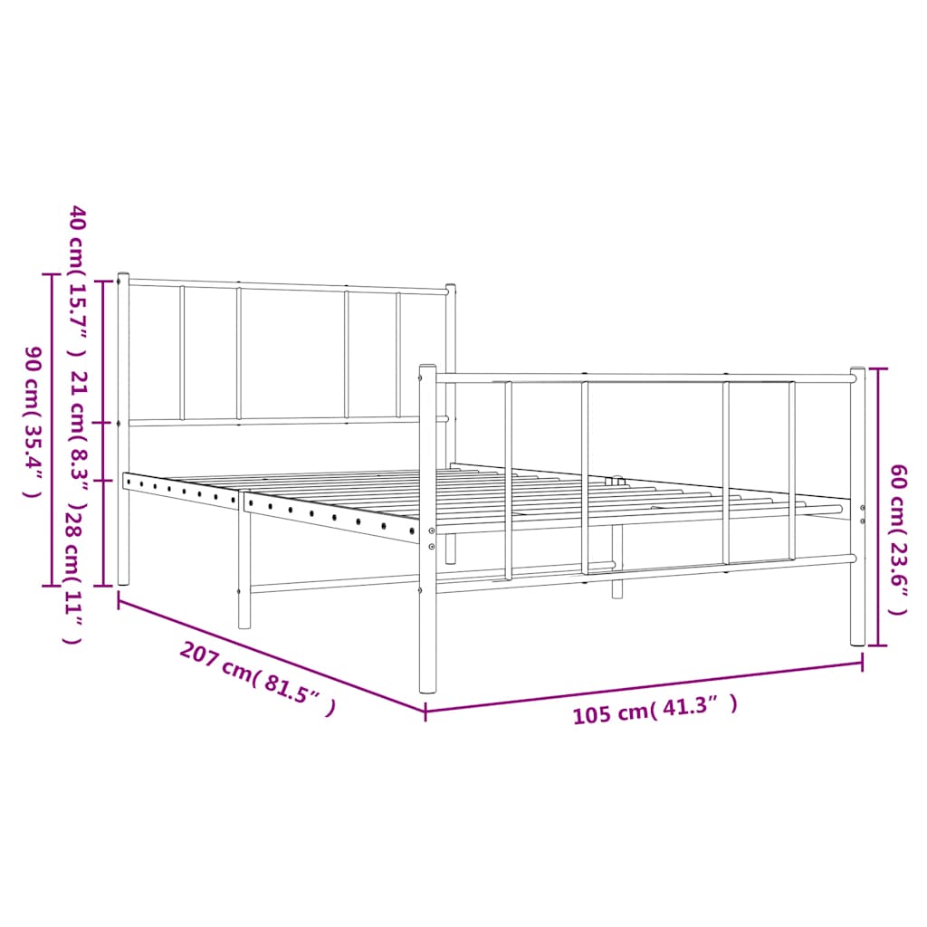 Metal Bed Frame without Mattress with Footboard White 100x200cm