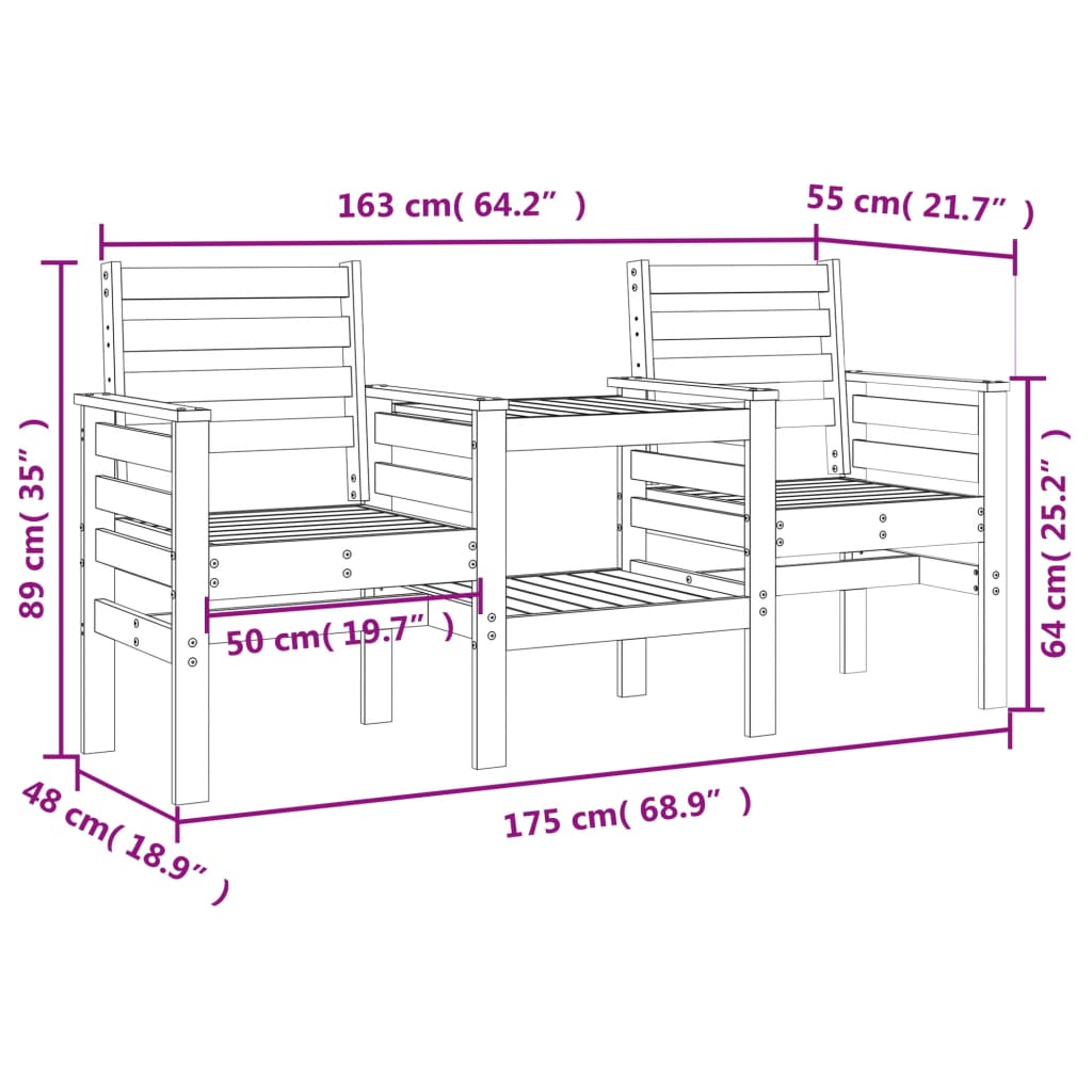 Outdoor Patio Wooden 2-Seater Garden Bench With Table Outside Wood Chairs Seats