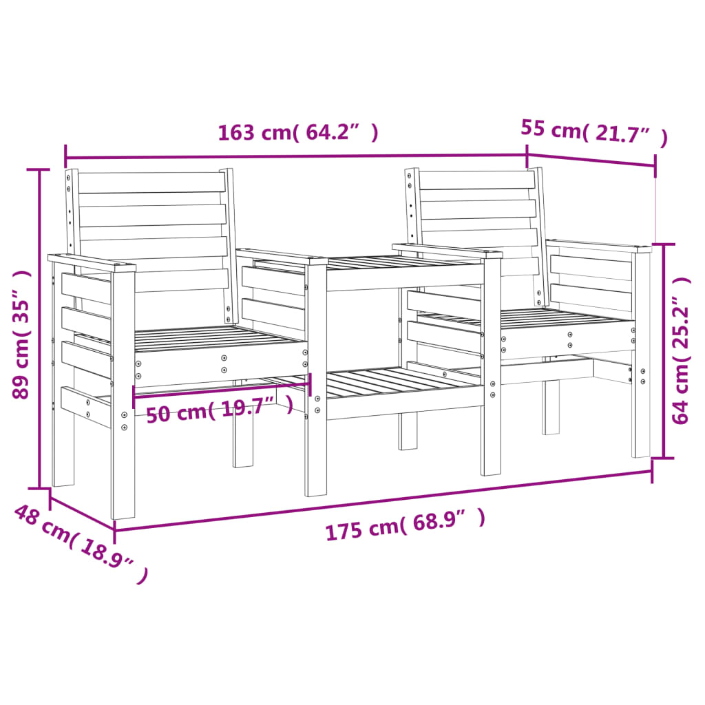 Outdoor Patio Wooden 2-Seater Garden Bench With Table Outside Wood Chairs Seats
