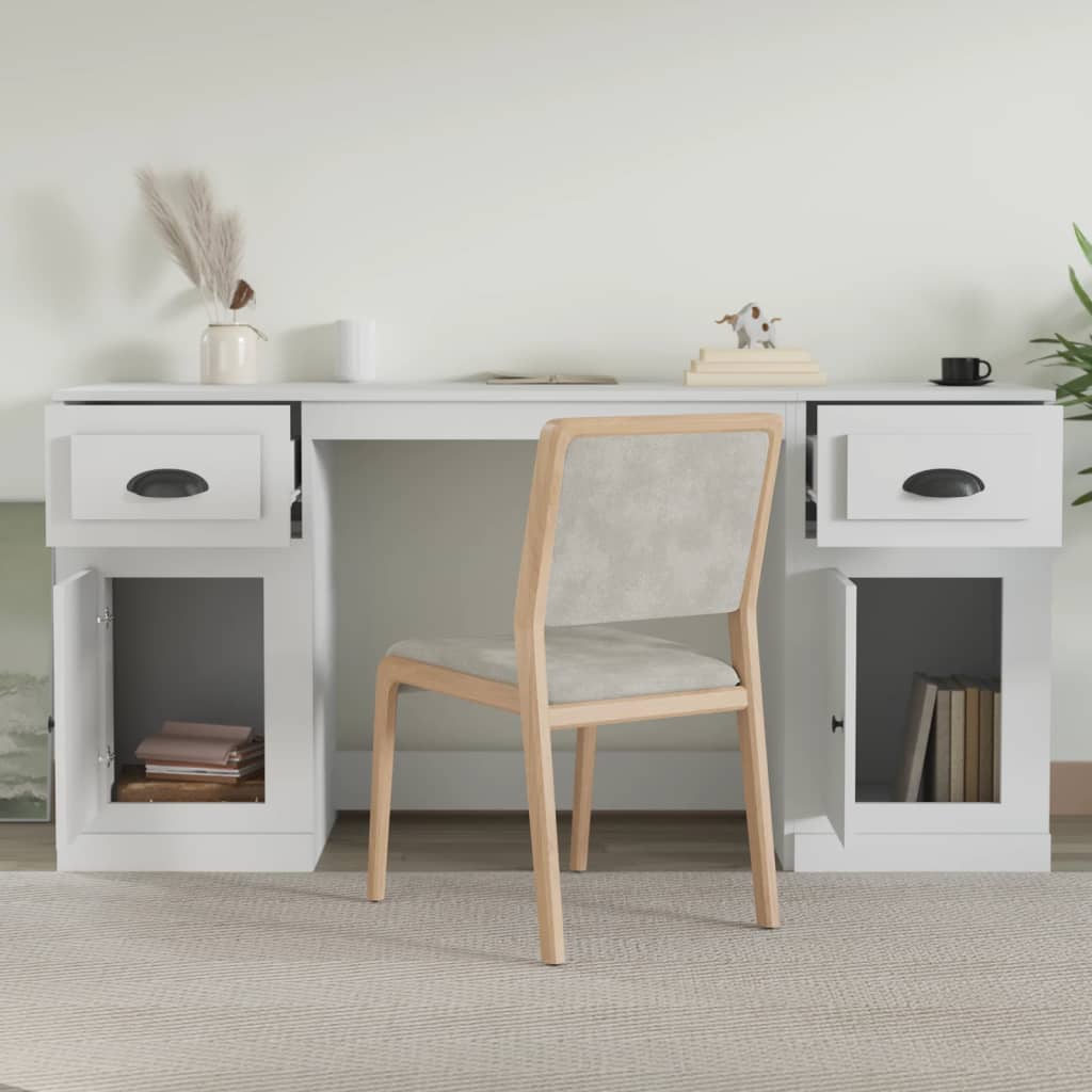 Desk with Cabinet White Engineered Wood