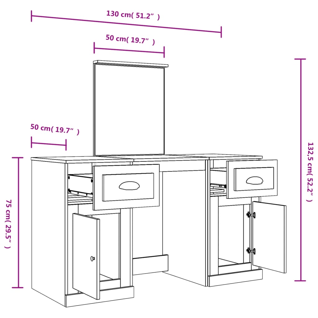 Dressing Table with Mirror Sonoma Oak 130x50x132.5 cm