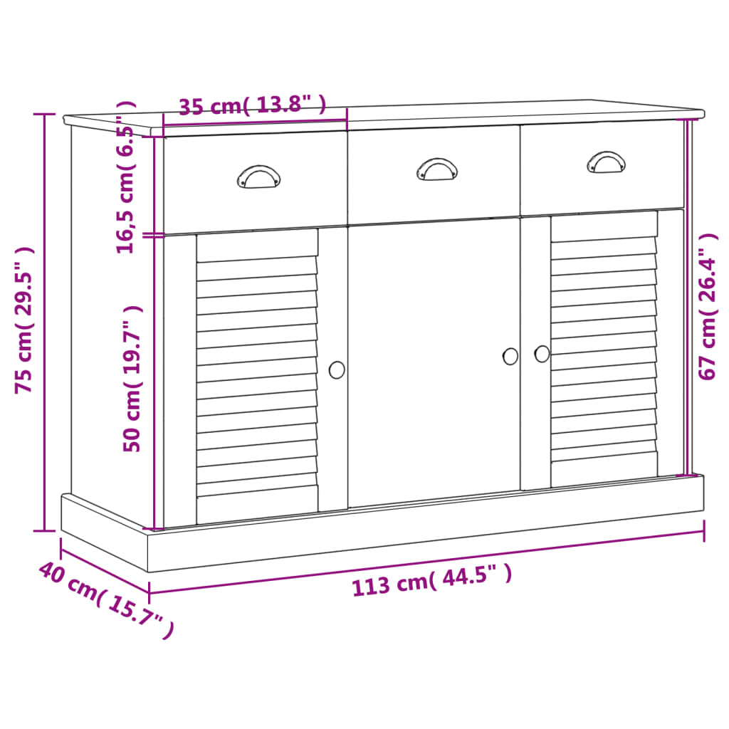 Sideboard with Drawers VIGO 113x40x75 cm White Solid Wood Pine