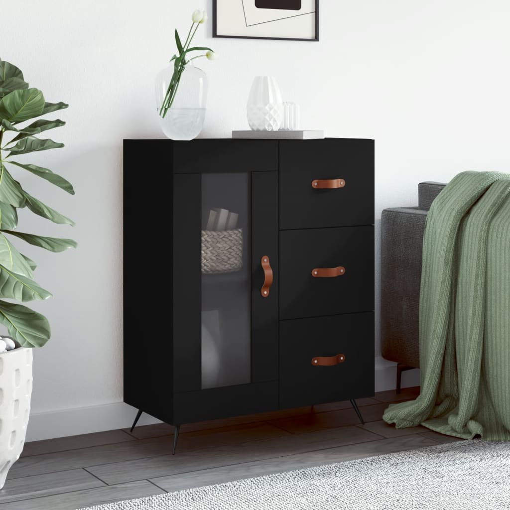 Modern Wooden Sideboard Storage Cabinet With Glass Door & 3 Drawers Wood Unit