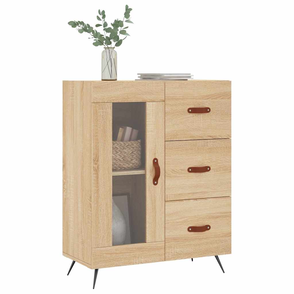 Modern Wooden Sideboard Storage Cabinet With Glass Door & 3 Drawers Wood Unit