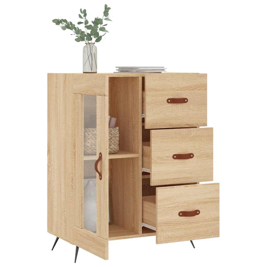 Modern Wooden Sideboard Storage Cabinet With Glass Door & 3 Drawers Wood Unit