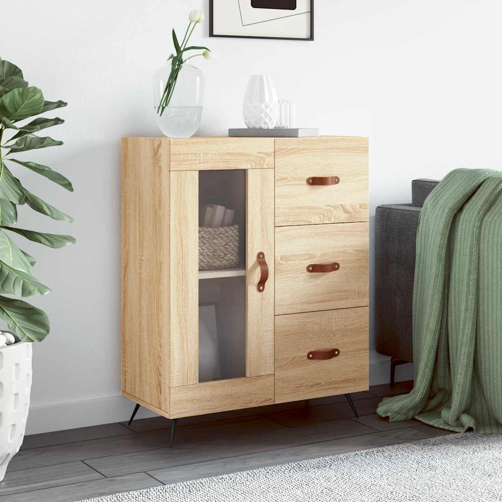 Modern Wooden Sideboard Storage Cabinet With Glass Door & 3 Drawers Wood Unit