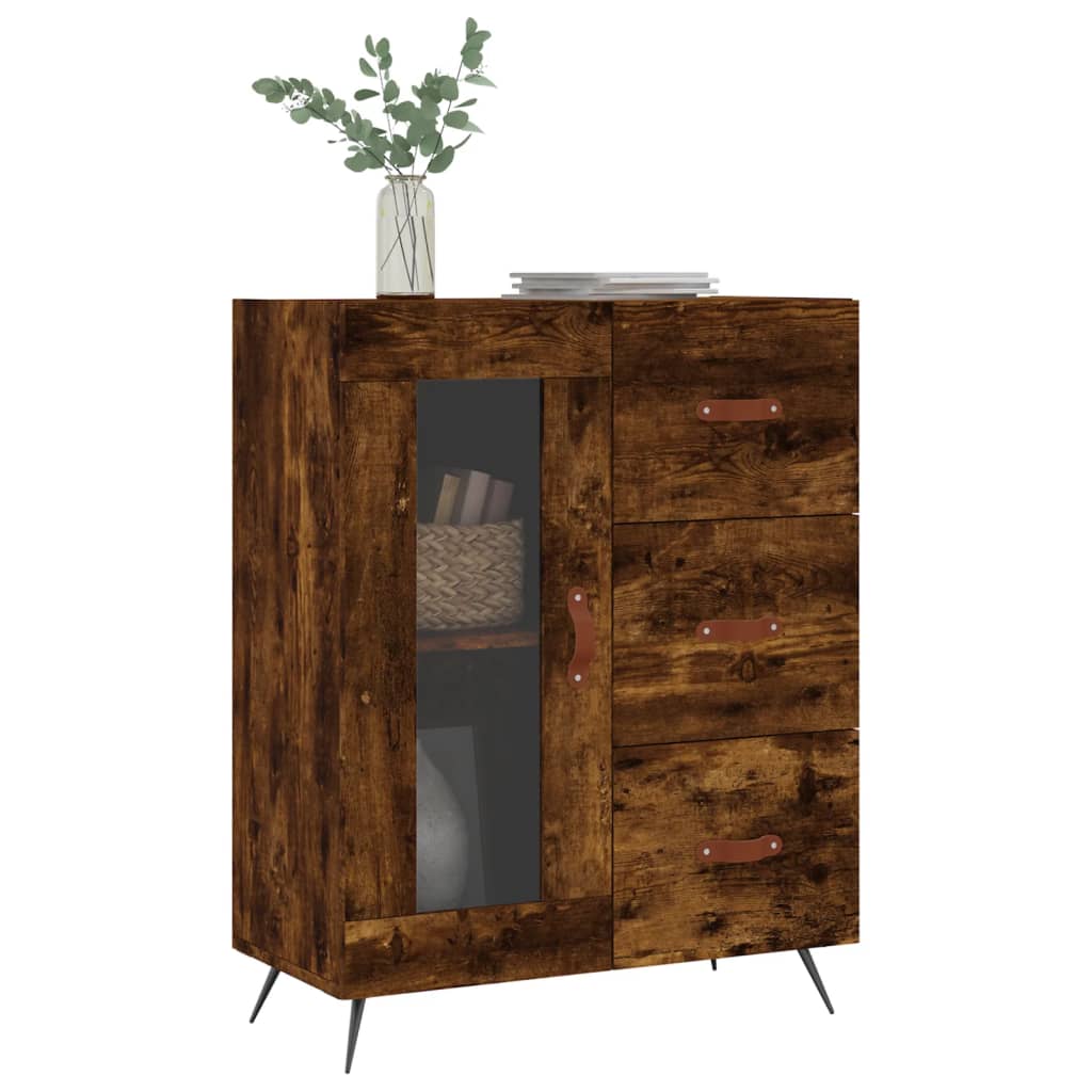 Modern Wooden Sideboard Storage Cabinet With Glass Door & 3 Drawers Wood Unit