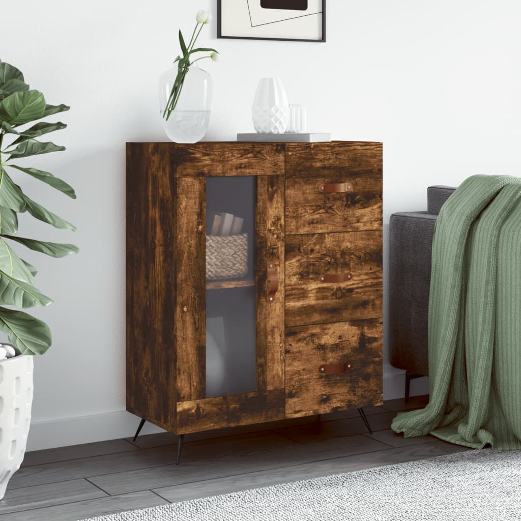 Modern Wooden Sideboard Storage Cabinet With Glass Door & 3 Drawers Wood Unit