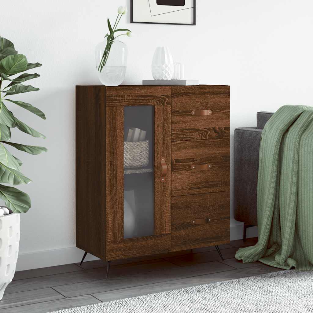 Modern Wooden Sideboard Storage Cabinet With Glass Door & 3 Drawers Wood Unit