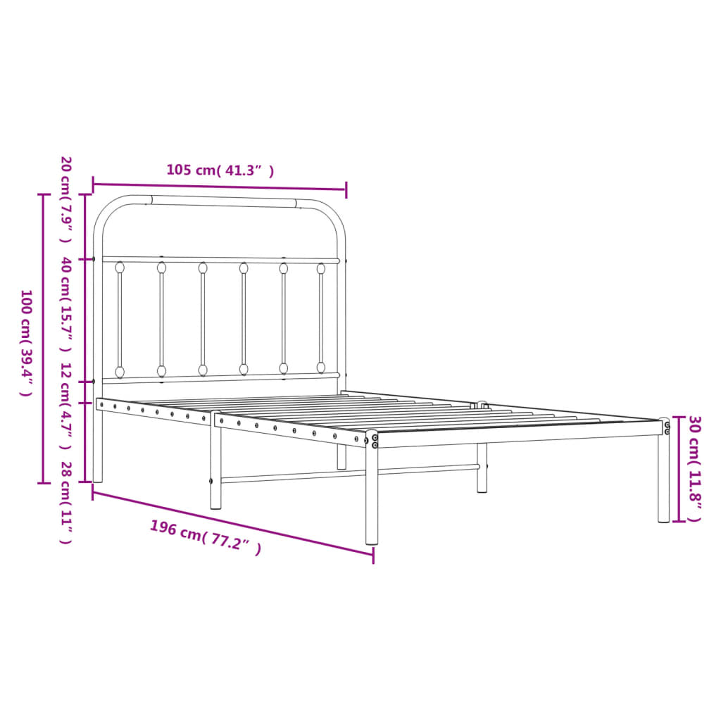 Metal Bed Frame without Mattress with Headboard Black 100x190cm