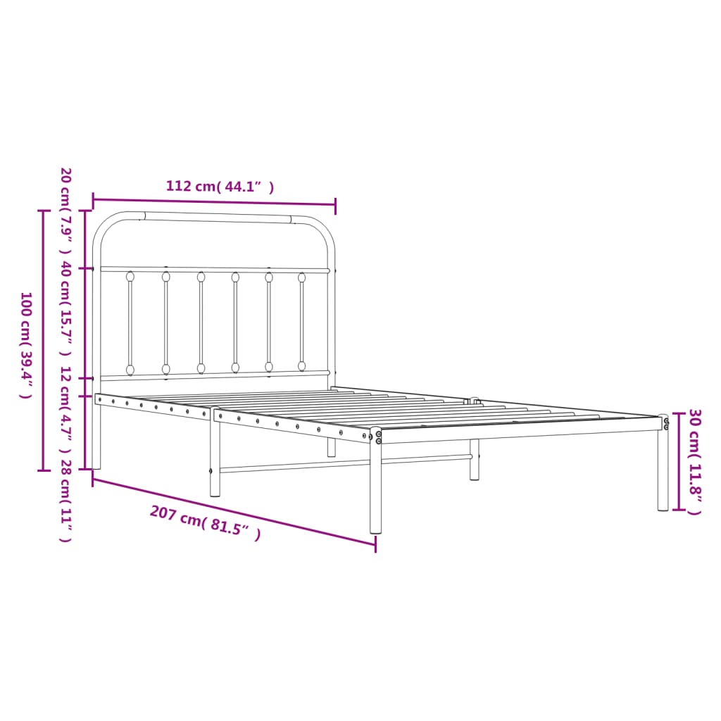 Metal Bed Frame without Mattress with Headboard Black 107x203cm