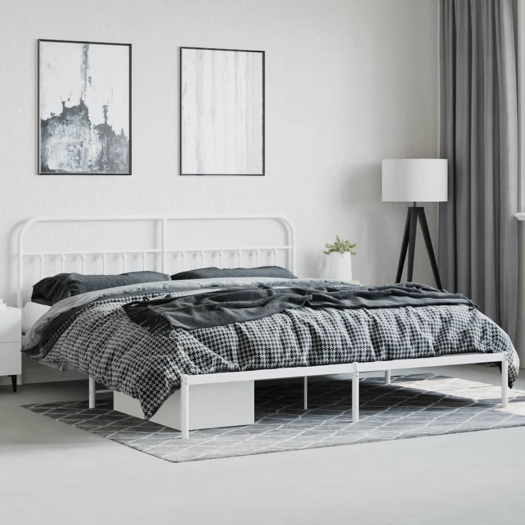 Metal Bed Frame without Mattress with Headboard White 193x203cm