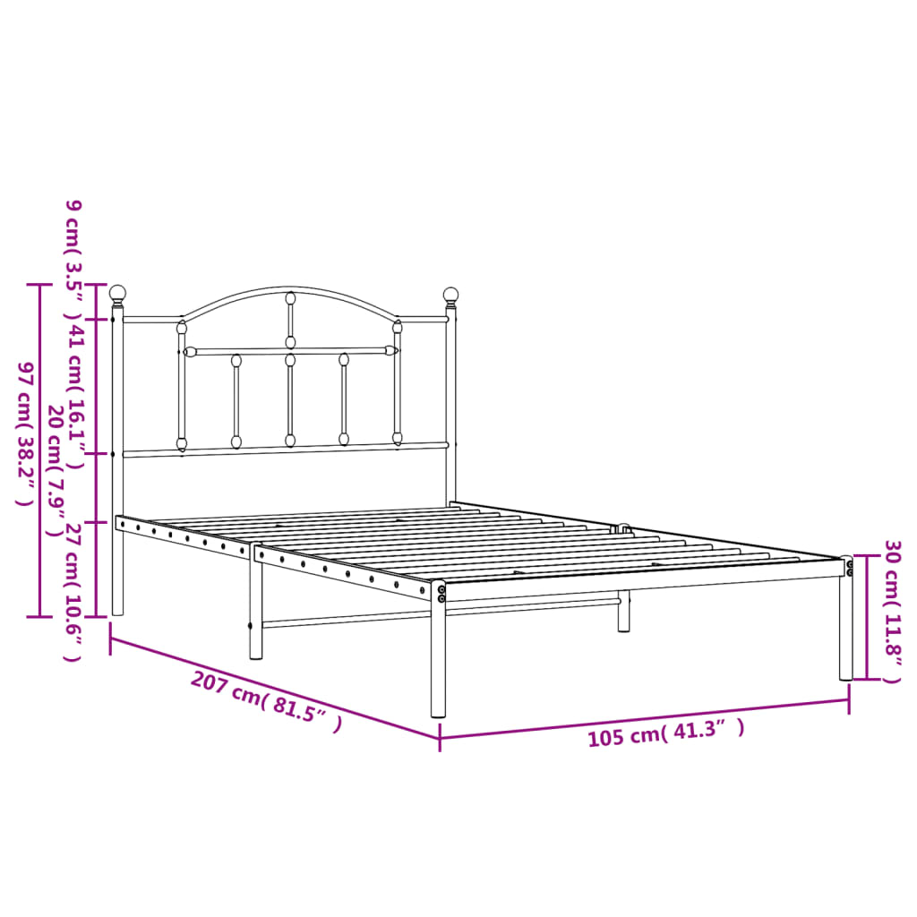 Metal Bed Frame without Mattress with Headboard Black 100x200cm