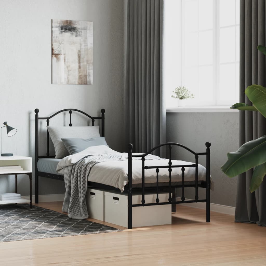 Metal Bed Frame without Mattress with Footboard Black 75x190cm