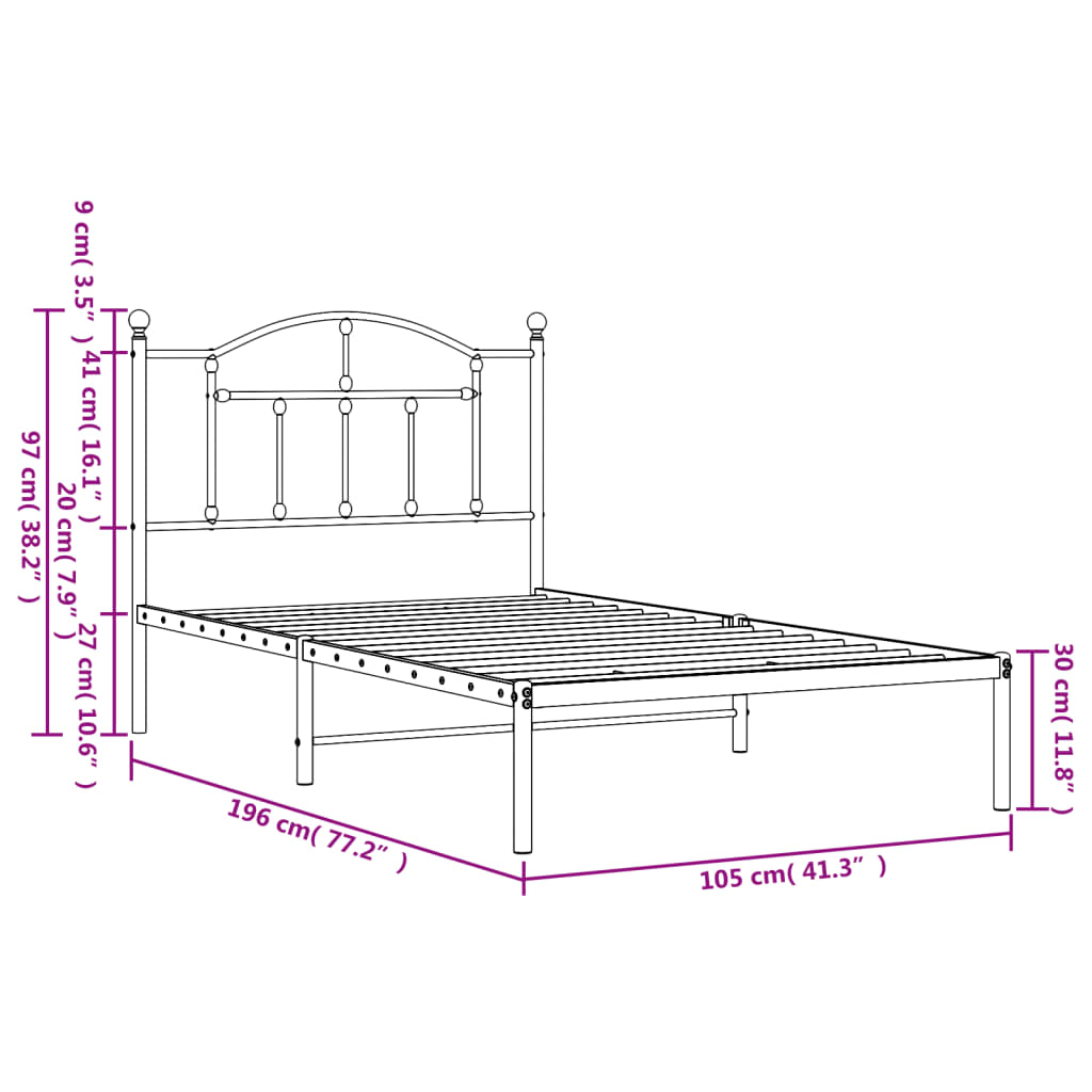 Metal Bed Frame without Mattress with Headboard White 100x190cm