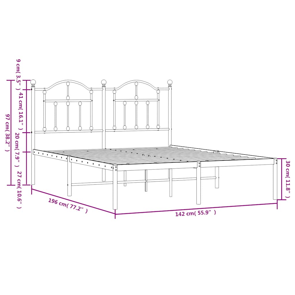 Metal Bed Frame without Mattress with Headboard White 135x190cm