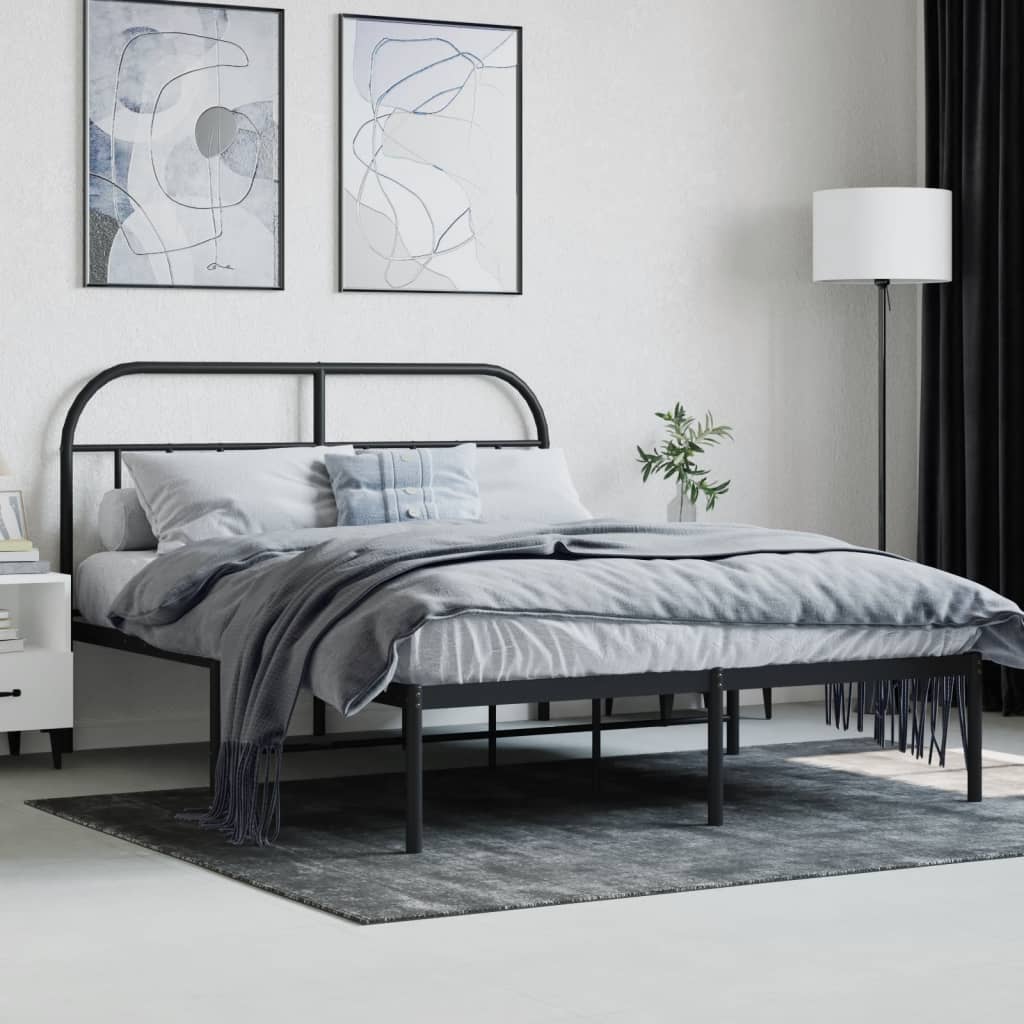 Metal Bed Frame without Mattress with Headboard Black 135x190cm