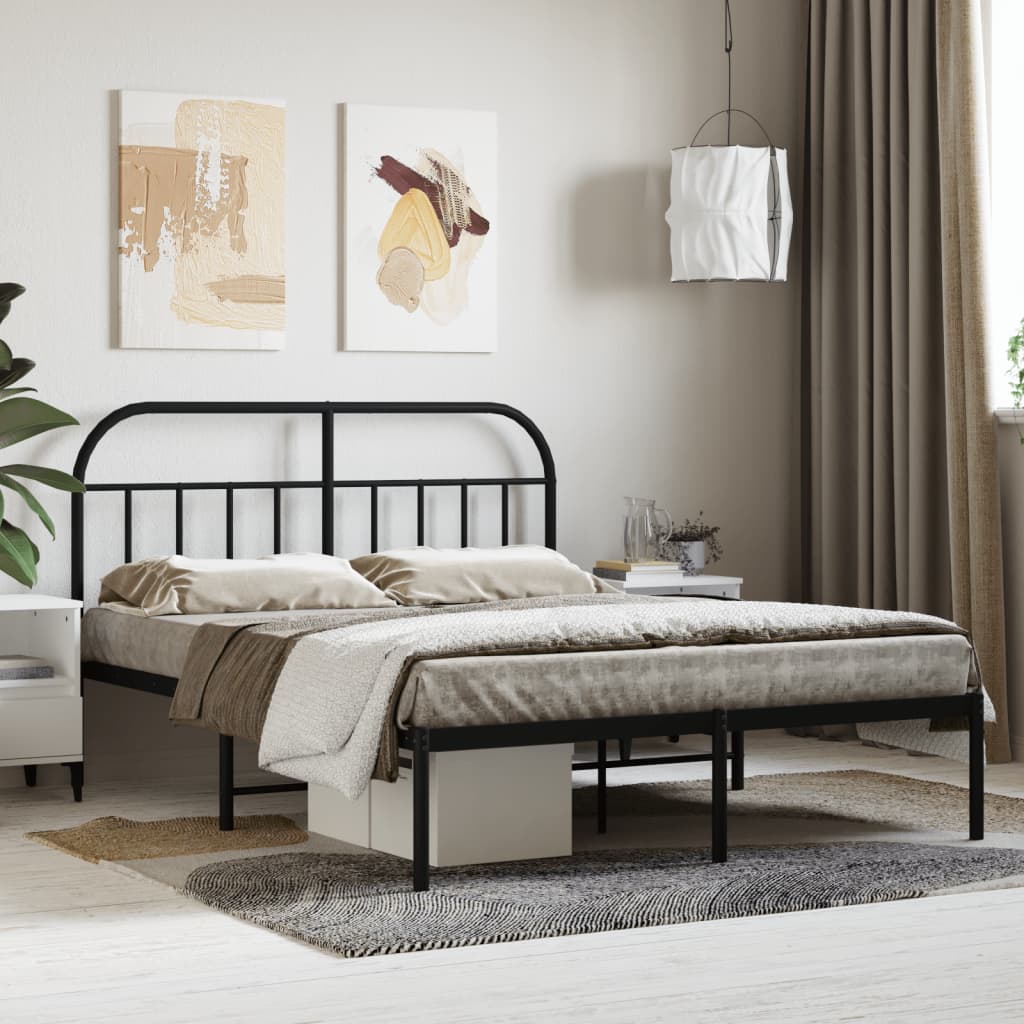 Metal Bed Frame without Mattress with Headboard Black 135x190cm