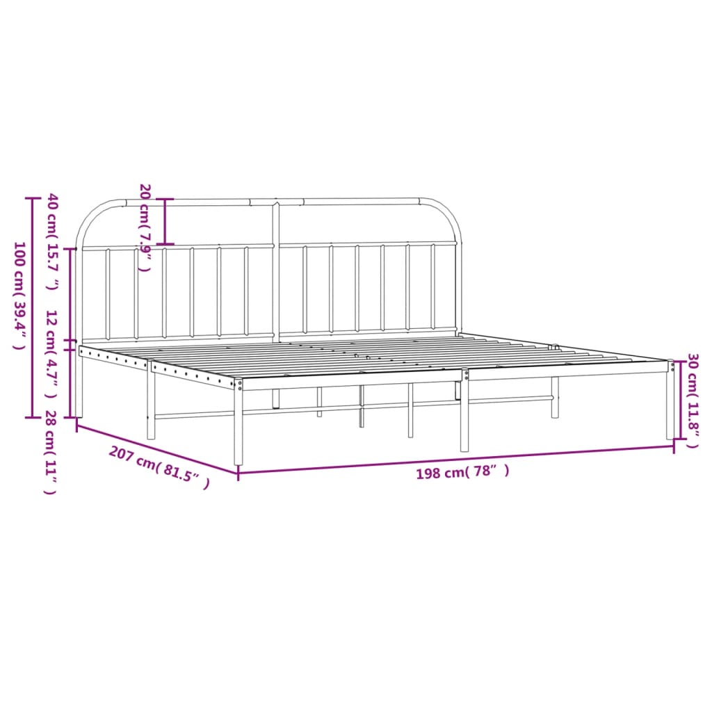 Metal Bed Frame without Mattress with Headboard Black 193x203cm