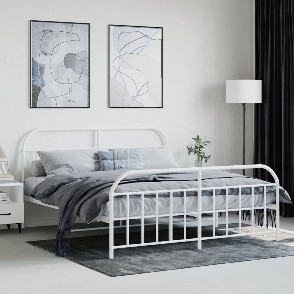 Metal Bed Frame without Mattress with Footboard White 183x213cm