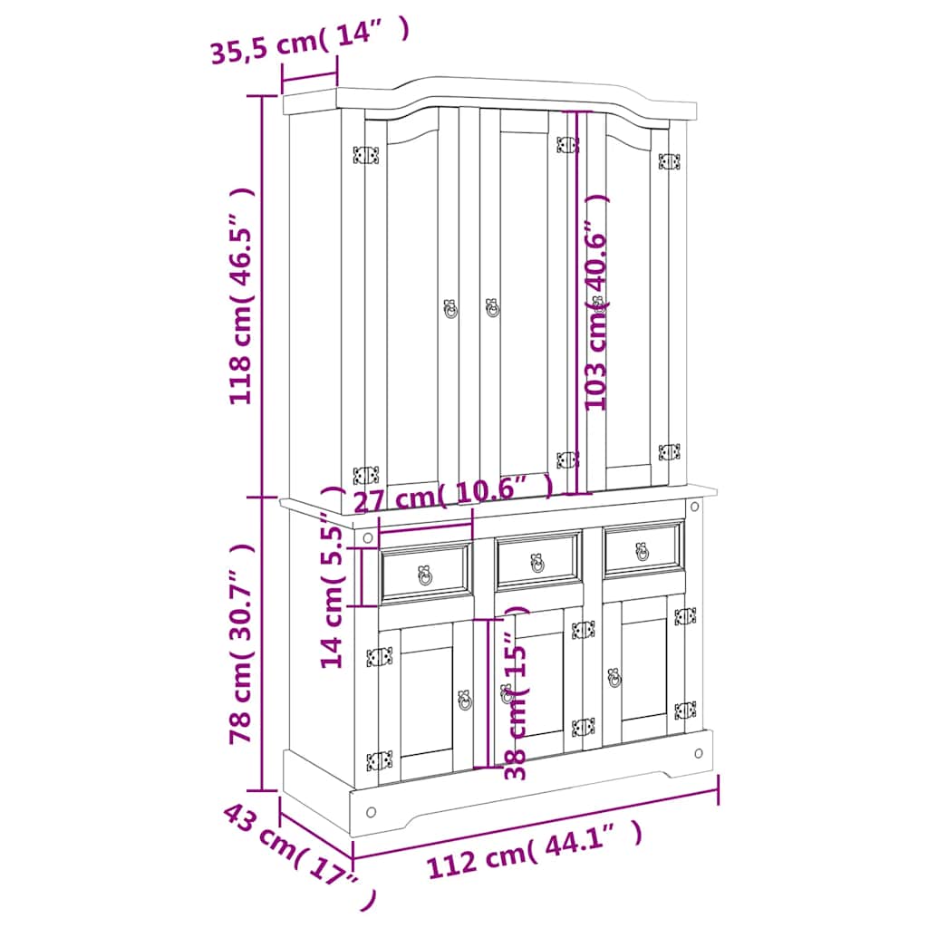 Highboard Corona White 112x43x196 cm Solid Wood Mexican Pine