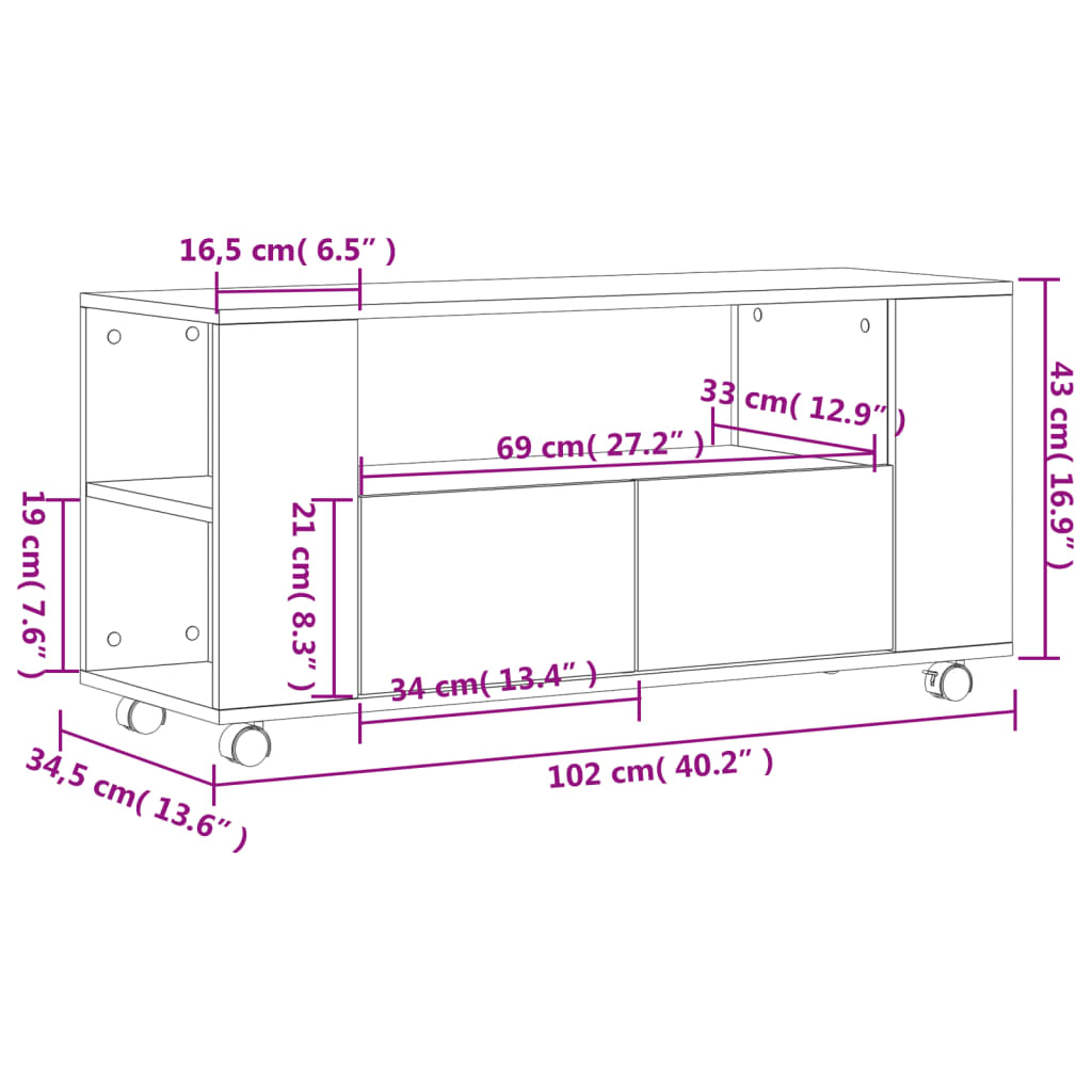 Modern Wooden 40 Inch TV Tele Stand Unit Cabinet With Storage & Wheels