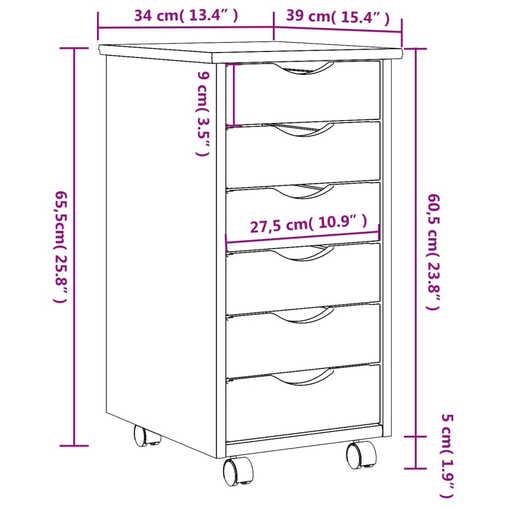 Rolling Cabinet with Drawers MOSS Grey Solid Wood Pine