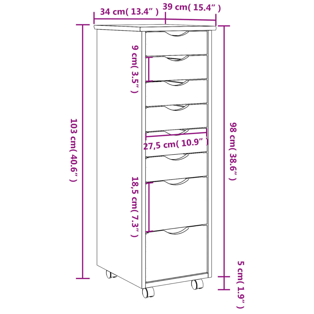 Rolling Cabinet with Drawers MOSS Grey Solid Wood Pine